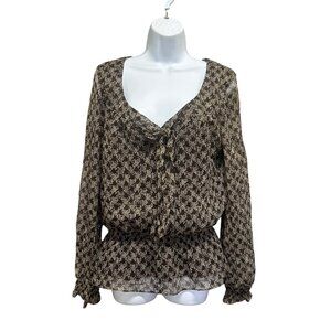 NWT Bob Mackie 100% Silk Geometric Print Smocked Waist Blouse Size M